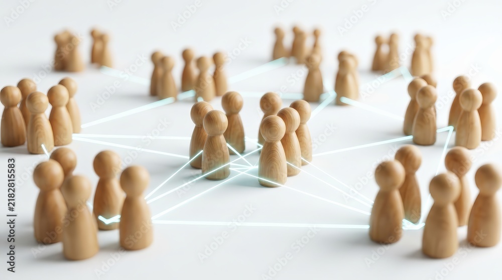 Obraz premium A social network structure of wooden pawn figures with bright connection lines representing community interaction.