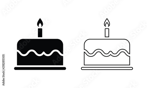 Birthday cake icons with candle, solid and outline vector set