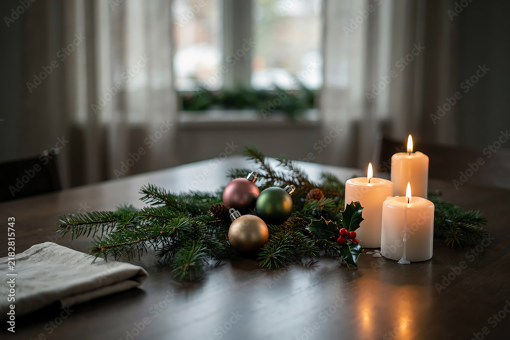 Obraz premium Festive christmas table centerpiece with burning white candles and colorful ornaments on a dark wooden dining table