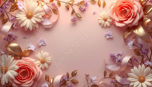 Spring floral border with roses and daisies on pink spring flowers white daisies pastel background flower arrangement botanical design nature beauty botanical