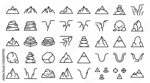 Minimalist mountain peaks cliffs and rocky landscape geological line icons with line art icon set geological features mountain