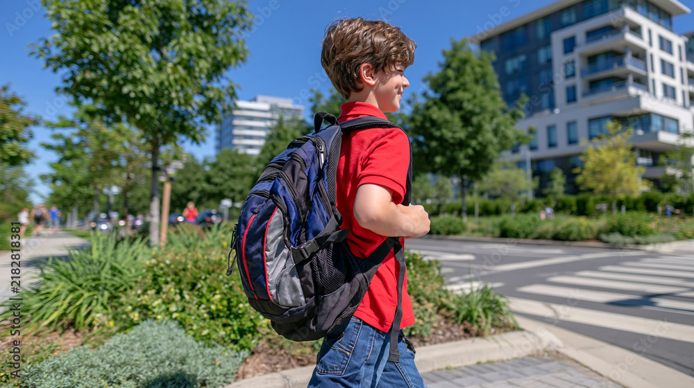 Fototapeta premium Rear view of an elementary school child crossing a wide city crosswalk during a sunny morning, backpack securely strapped on, face hidden from view, contemporary buildings and landscaped sidewalks, 