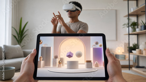 VR Headset User with Tablet Mirroring Abstract Virtual Reality Storefront