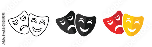 Theater masks icon set, comedy and tragedy masks, vector illustration