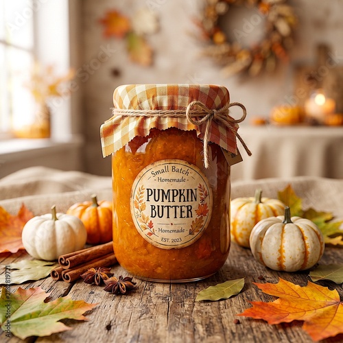 Homemade pear butter  in a glass jar topped with a gingham cloth, surrounded by pumpkins  , cinnamon and fall leaves for a warm, seasonal Thanksgiving or autumn kitchen scene.