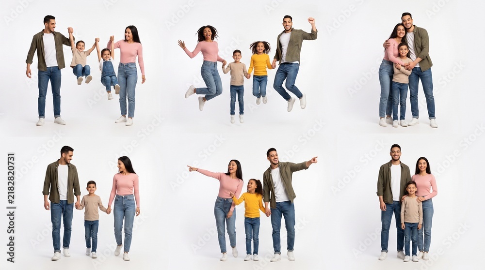 Obraz premium Set Of Happy Family Portraits With Parents And Children Isolated On White Background
