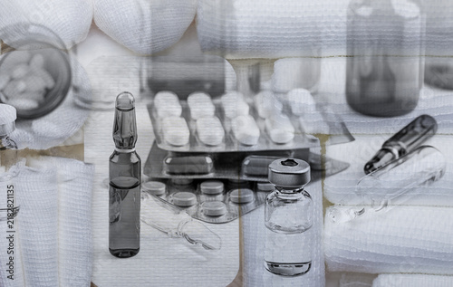 Vintage. Medicines. Tablets in blisters and ampoules for injections. Medical bandages and plasters.