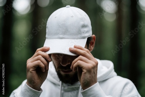 Man in white cap adjusts brim downwards hiding face in blurred green forest. Person wears white hoodie  looks down  creating mysterious anonymous mood. Outdoors nature scene.
