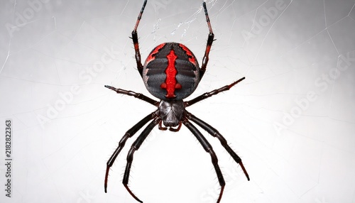 close up of black widow spider with red markings on white background