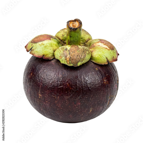 A single whole purple mangosteen fruit with green calyx leaves isolated on a transparent background tropical