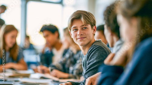 Male high school or college student sitting in a workgroup with fellow students in a classroom.
