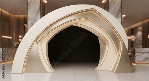 Elegant golden architectural arch with a dark circular center and luxurious Christmas-inspired decoration