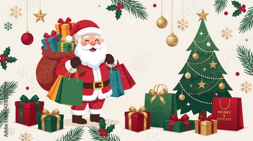 Santa Claus Christmas Shopping with Gift Boxes Vector