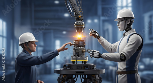 A human engineer and a humanoid robot in white hard hats collaborate on fine-tuning a mechanical component in a high-tech factory. Podcast cover for AI integration and automation