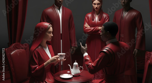 A woman in a red robe holds a teacup while a man in a matching robe gestures during a conversation at a small table, surrounded by three other robed figures in a dimly lit room.