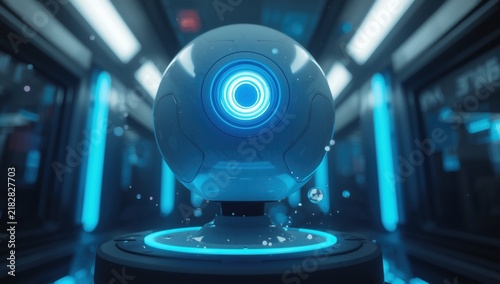 Surreal blue portal with glowing center in dark futuristic setting