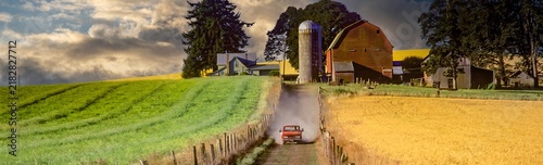 Farm near Perrydale, Oregon. Double fence rows border a dirt road leading to the red barn, silo and farm house. Wheat field is on the right and radish seed field on left