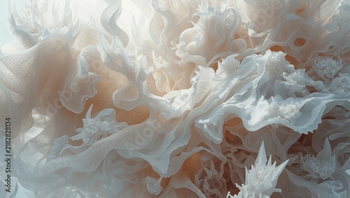 Surreal closeup of a translucent white fabric with orange and brown organic patterns