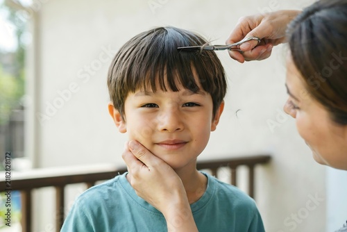Mother cutting her young son hair with scissors at home with a gentle and loving touch