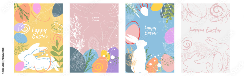 Obraz premium Happy Easter greeting cards set with abstract bunnies and eggs line art vector