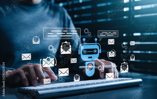 AI email assistant and smart inbox automation concept. Person typing on keyborad with chatbot  mail icons  messages  envelopes  auto reply  email generator  inbox management  customer communication