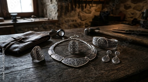 Ornate silver jewelry set resting on a rustic wooden workbench