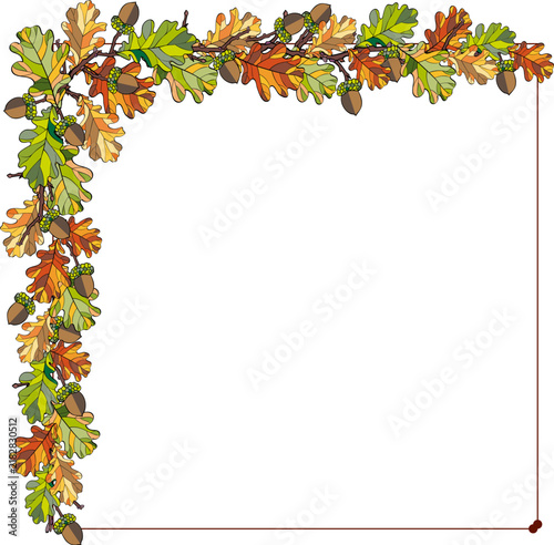 Autumn oak leaf corner border with acorns and copy space