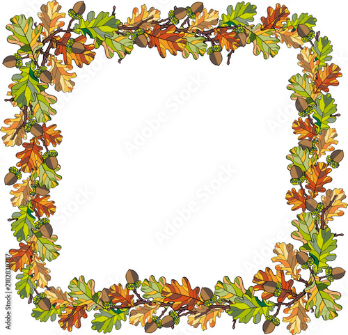 Autumn oak leaf square frame stained glass style border with acorns