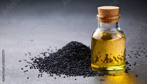 black seed oil bottle and nigella seeds