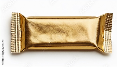 blank gold foil snack wrapper candy or protein bar package isolated on white background