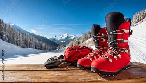 bright red ski boots ready for adventure beside packed gear in lodge