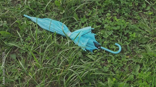 Closed turquoise umbrella lying abandoned on a verdant lawn. A lost object waiting for its owner on the grass after a summer shower