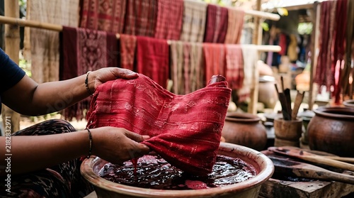 Hands dyeing traditional red fabric in a clay bowl