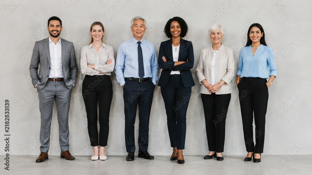 Obraz premium Diverse multigenerational executives standing against concrete wall