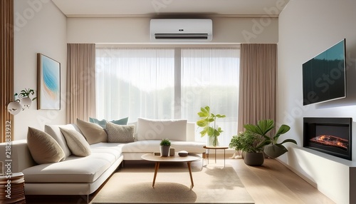 modern white air conditioning unit mounted on a living room wall with a sleek design vents and a digital display in a cozy home interior