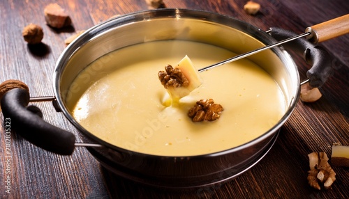 warm cheese fondue with walnuts in metallic pot