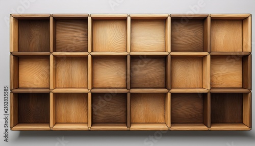 wooden display case nine square grid isolated white background