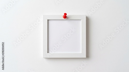 Blank white square photo frame pinned on a clean wall for mockup design