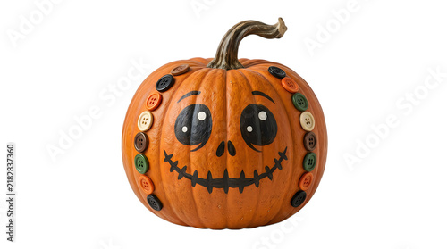 A cute decorated halloween pumpkin with button accents and a painted face isolated on transparent background