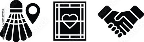 Badminton shuttlecock with location pin, heart inside framed window pane, and solid black handshake icon representing agreement