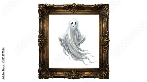 A spooky white ghost inside an ornate vintage picture frame for halloween isolated on transparent background