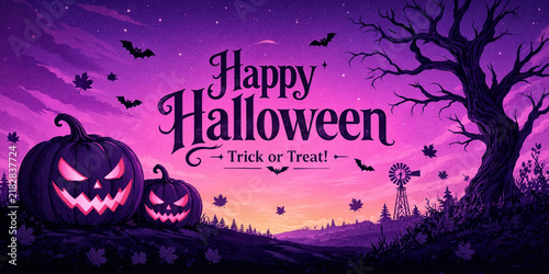 Happy Halloween greeting card design with carved pumpkins and spooky dark tree