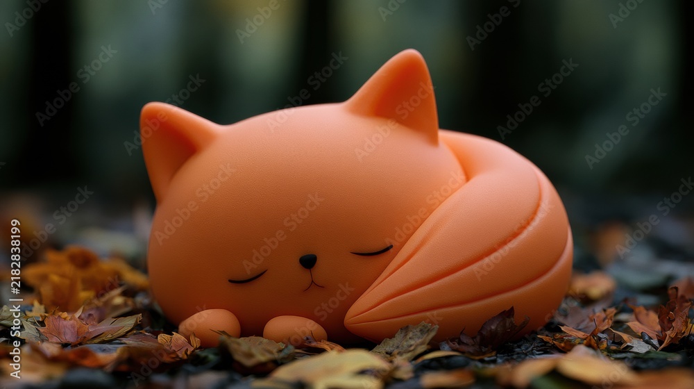 Obraz premium A small orange fox made of clay rests among colorful fallen leaves in a forest. The fox appears relaxed against a gentle backdrop of trees.