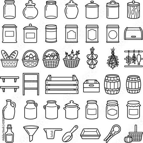 Halloween, Rustic kitchen storage icons, 42 pantry organization line art vectors, farmhouse food containers and cellar equipment set isolated on White Background