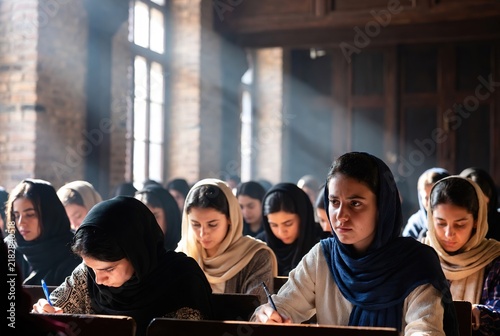 Middle Eastern women in university lecture hall, taking notes, soft morning light through large windows, architectural photography, diverse ages