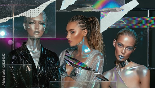 Futuristic Chrome Fashion Collage of Three Women with Metallic Silver Skin, Holographic Makeup, and Torn Paper Texture Overlay, Avant-Garde Editorial Concept