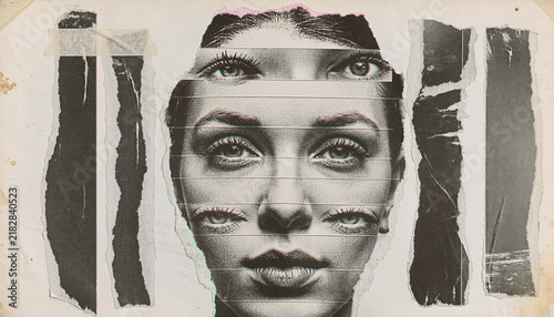 Warped Photocopy Editorial Portrait with Fragmented Multiple Eyes, Vertical Ripple Distortion, and Torn Paper Collage Texture, Surreal Monochrome Identity Concept