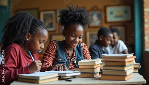 Group of smiling female students studying together in a classroom, representing education, learning