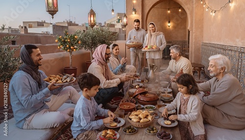 Multigenerational Middle Eastern Muslim family enjoying a traditional homemade meal together, smiling and laughing while sharing dishes at a dining table