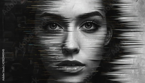 Glitchcore Black and White Portrait of a Woman's Face with Sliced and Horizontally Shifted Facial Features, Distorted Digital Art Concept